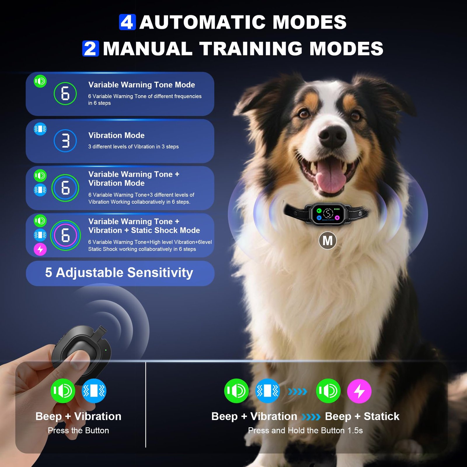 Dog Bark Collar with Remote Control,Smart 2-in-1 Automatic & Manual Anti Barking Dog Training Collar with Beep,Vibration,Static Modes for Large Medium Small Dogs,5 Adjustable Sensitivity - Image 2