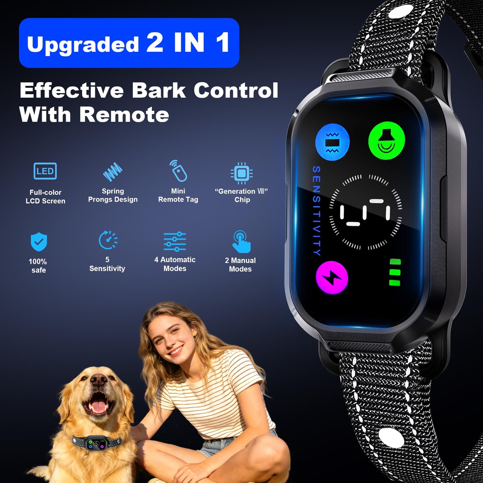 Dog Bark Collar with Remote Control,Smart 2-in-1 Automatic & Manual Anti Barking Dog Training Collar with Beep,Vibration,Static Modes for Large Medium Small Dogs,5 Adjustable Sensitivity - Image 3